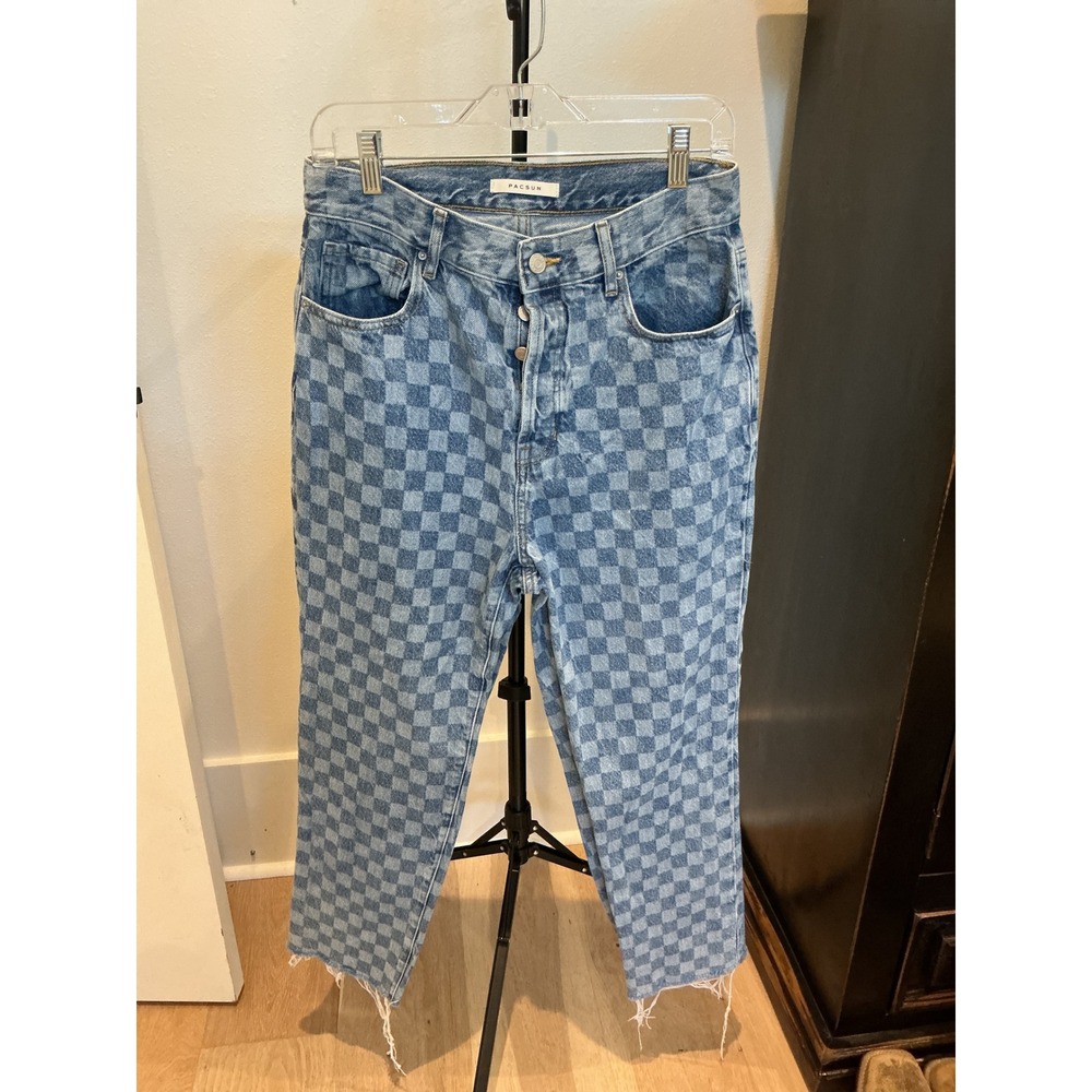 PacSun Womens Blue Checkered High Waisted Straight Leg Jeans Button Fly Raw Hem